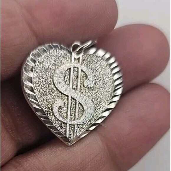 Silver 925 Dollar Sign Heart Pendant Charm - Picture 5 of 5